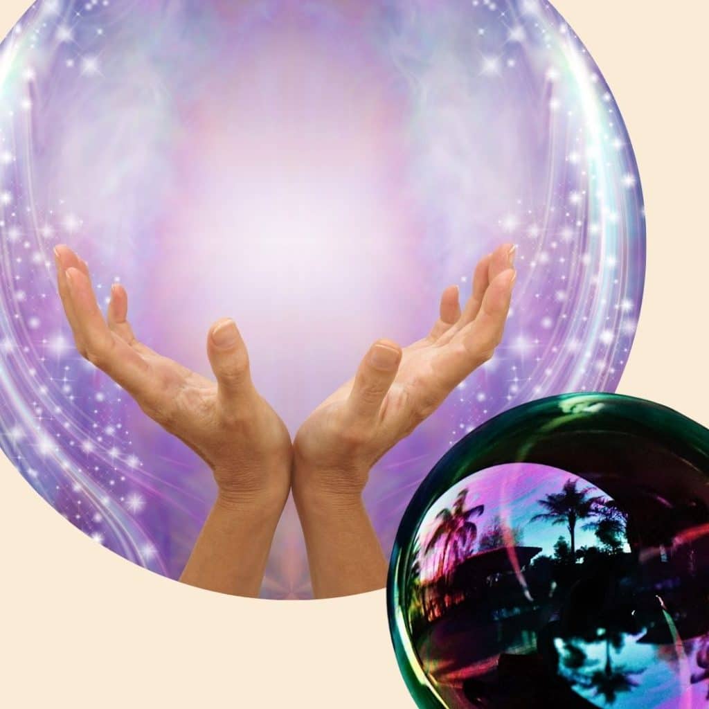 main énergie violette et bulle noir transparente séance de soin hypnose bioénergétique quantique