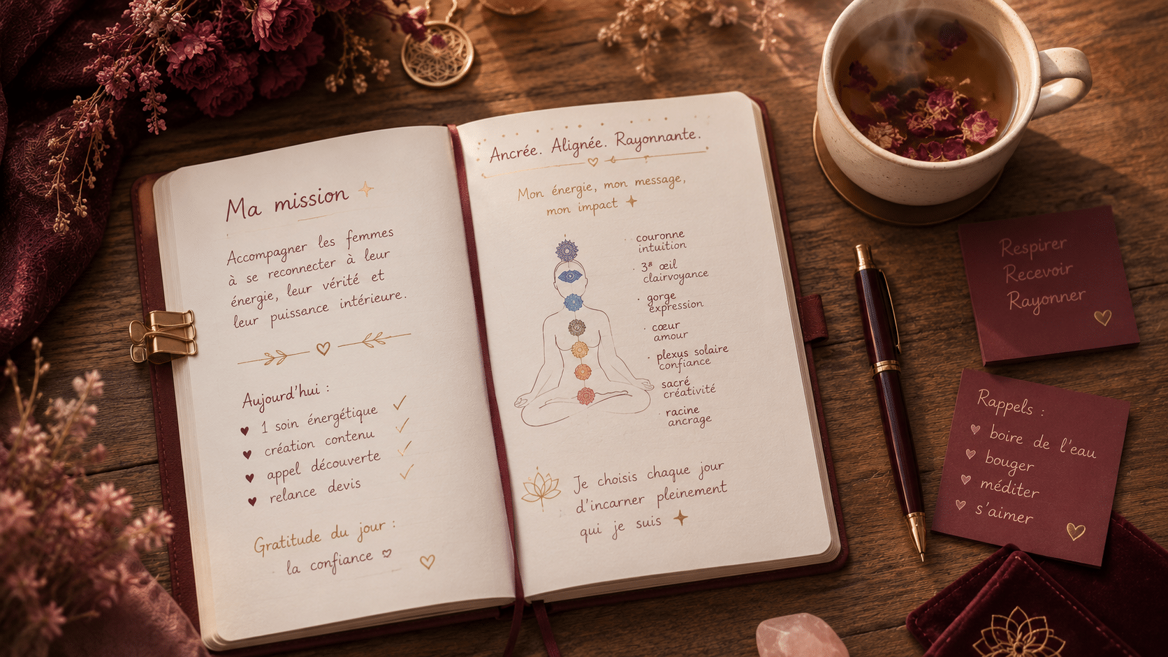 Notes manuscrites de stagiaire en formation thérapie énergétique avec schéma des chakras