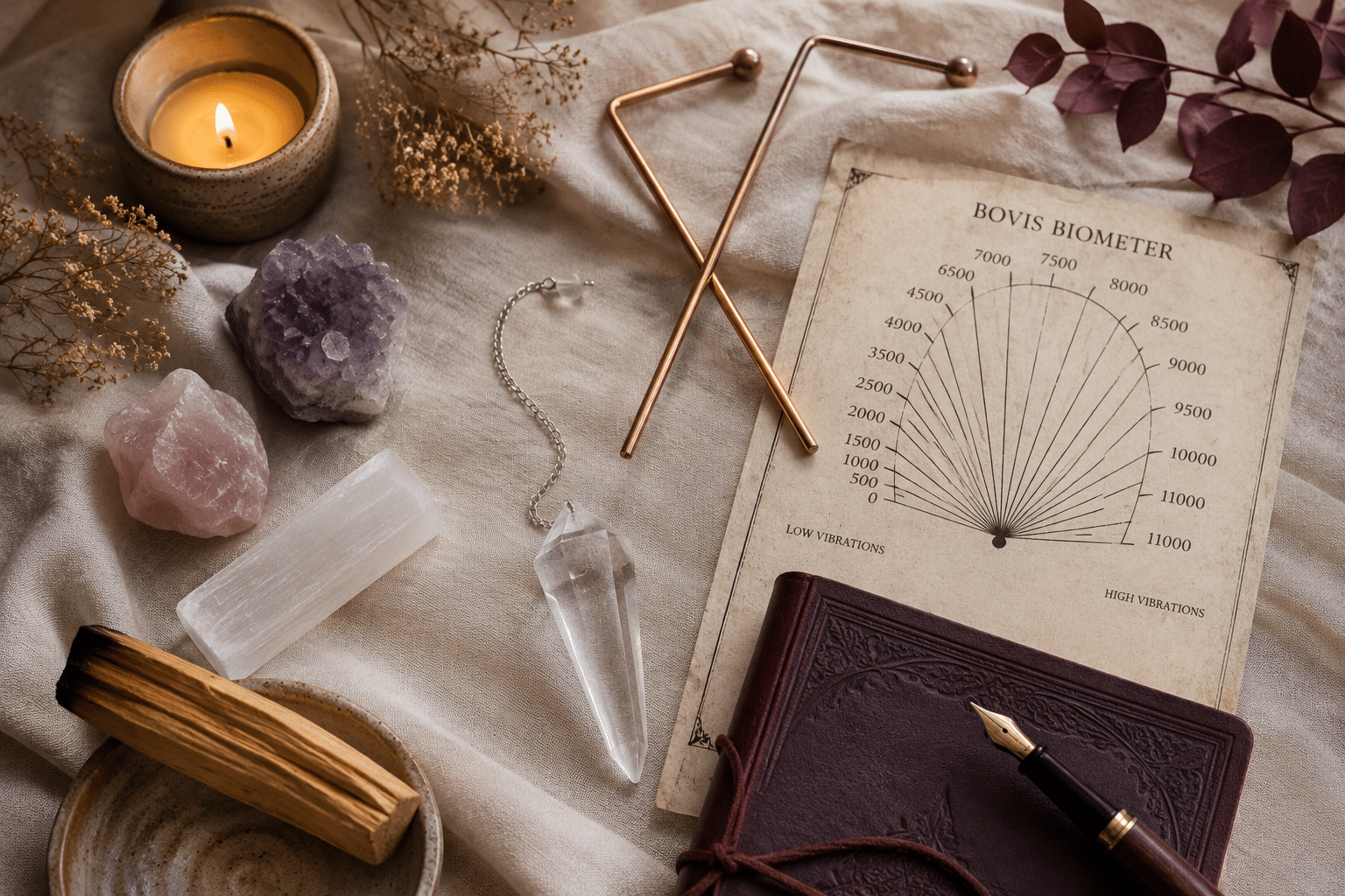 Outils du praticien en thérapie énergétique : pendule en cristal, baguettes de sourcier en cuivre, biomètre de Bovis, cristaux d'améthyste et de quartz rose, palo santo et carnet en cuir