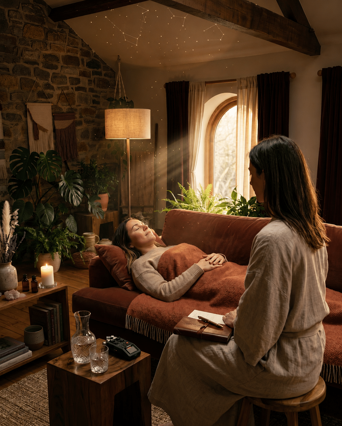 Séance d'hypnose énergétique quantique avec une personne en état de transe profonde et un praticien facilitateur