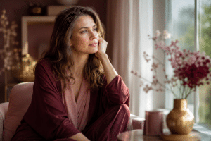 Femme pensive assise près d'une fenêtre lumineuse, cherchant à sortir d'un blocage dans sa vie