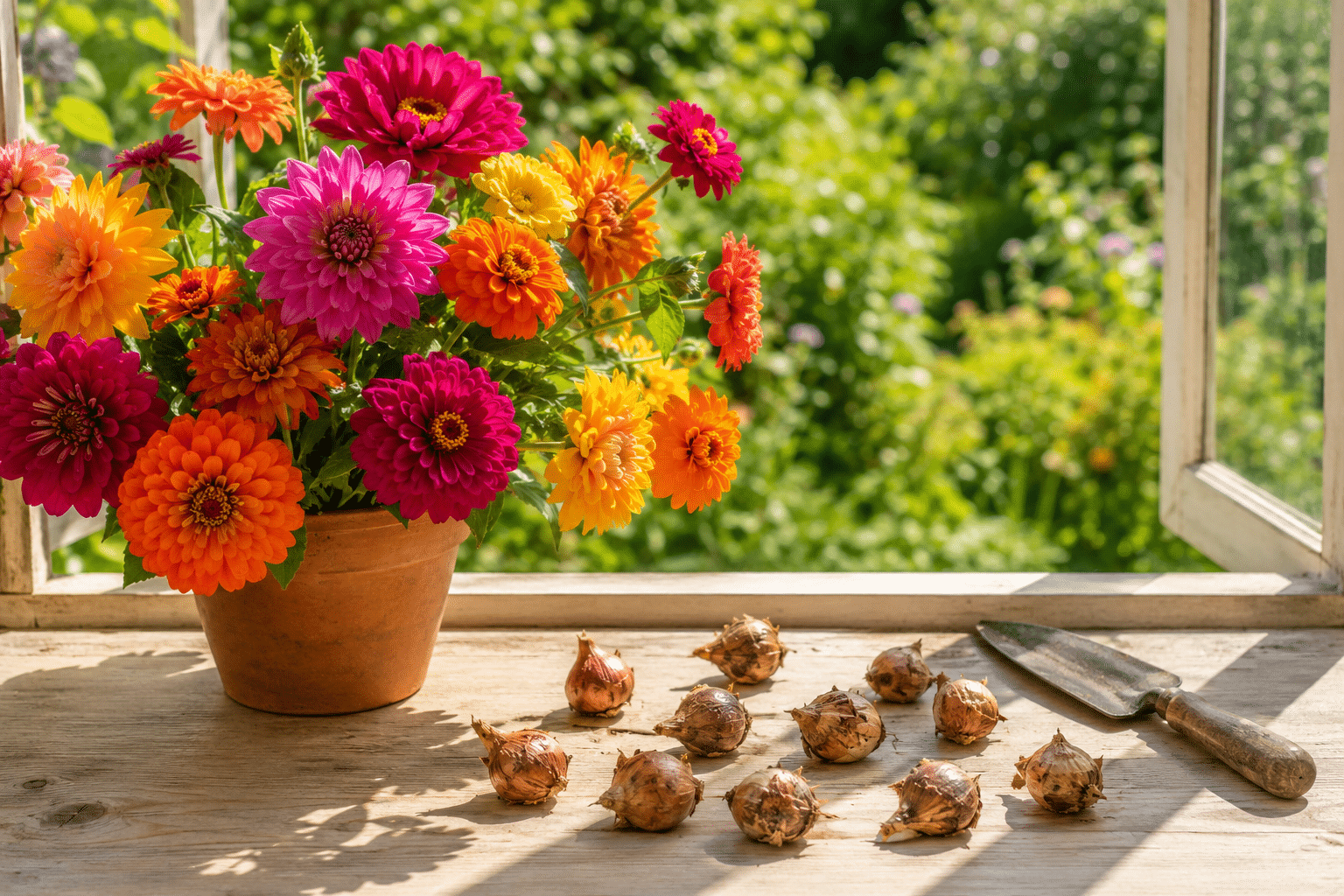 Bouquet de dahlias et de zinnias en pot et bulbes de fleurs posés sur un rebord de fenêtre ensoleillé, image de l'énergie de la rentrée qui se prépare