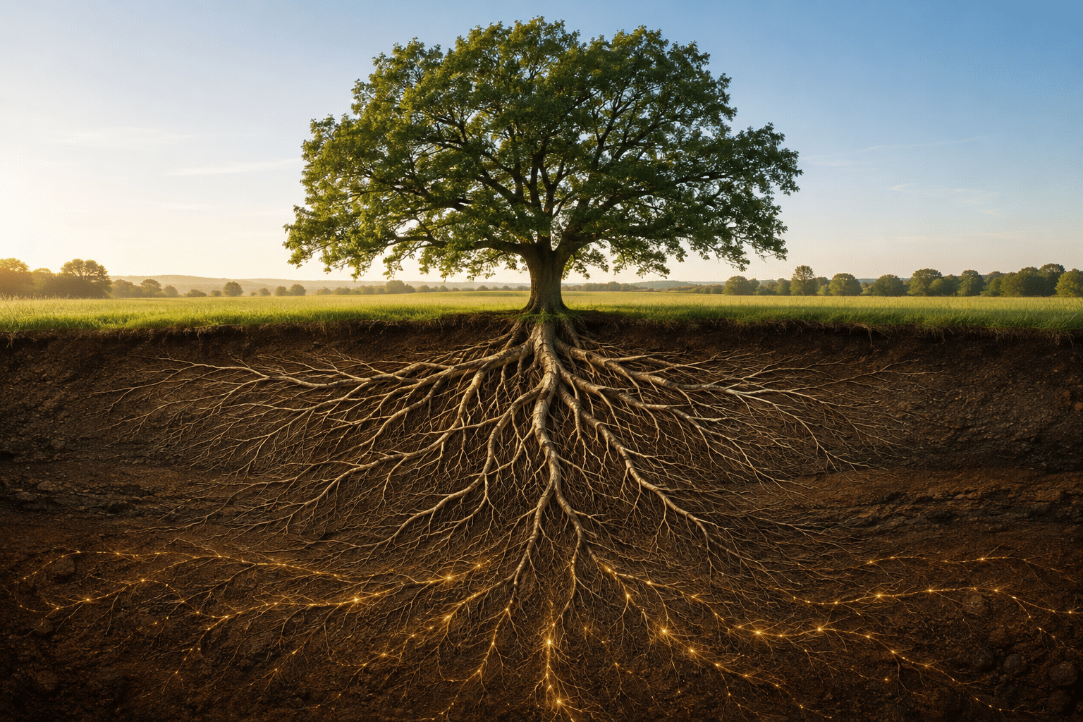 Arbre isolé dont les racines lumineuses s'étendent sous la terre, image de la fatigue héritée qui vient de plus loin que soi