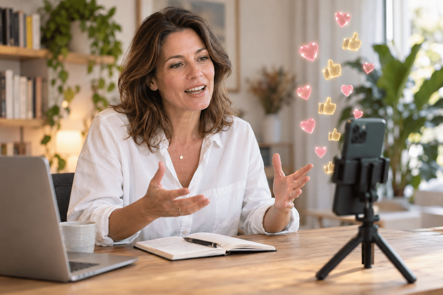 Entrepreneuse ayant dépassé sa peur de se montrer : elle se filme à son bureau, des cœurs et des pouces flottant devant l'écran