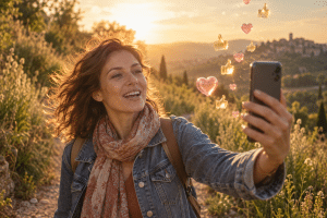 Entrepreneuse souriante se filmant en balade au coucher du soleil, des cœurs et des pouces flottant devant son téléphone
