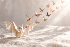 Une chauve-souris en papier crème ouvre ses ailes et libère des papillons roses et dorés vers la lumière