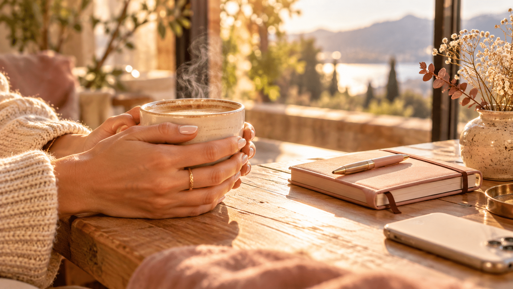 Deux mains autour d'une tasse de café près d'une fenêtre ensoleillée, le carnet refermé : s'autoriser une pause sans culpabiliser de se reposer