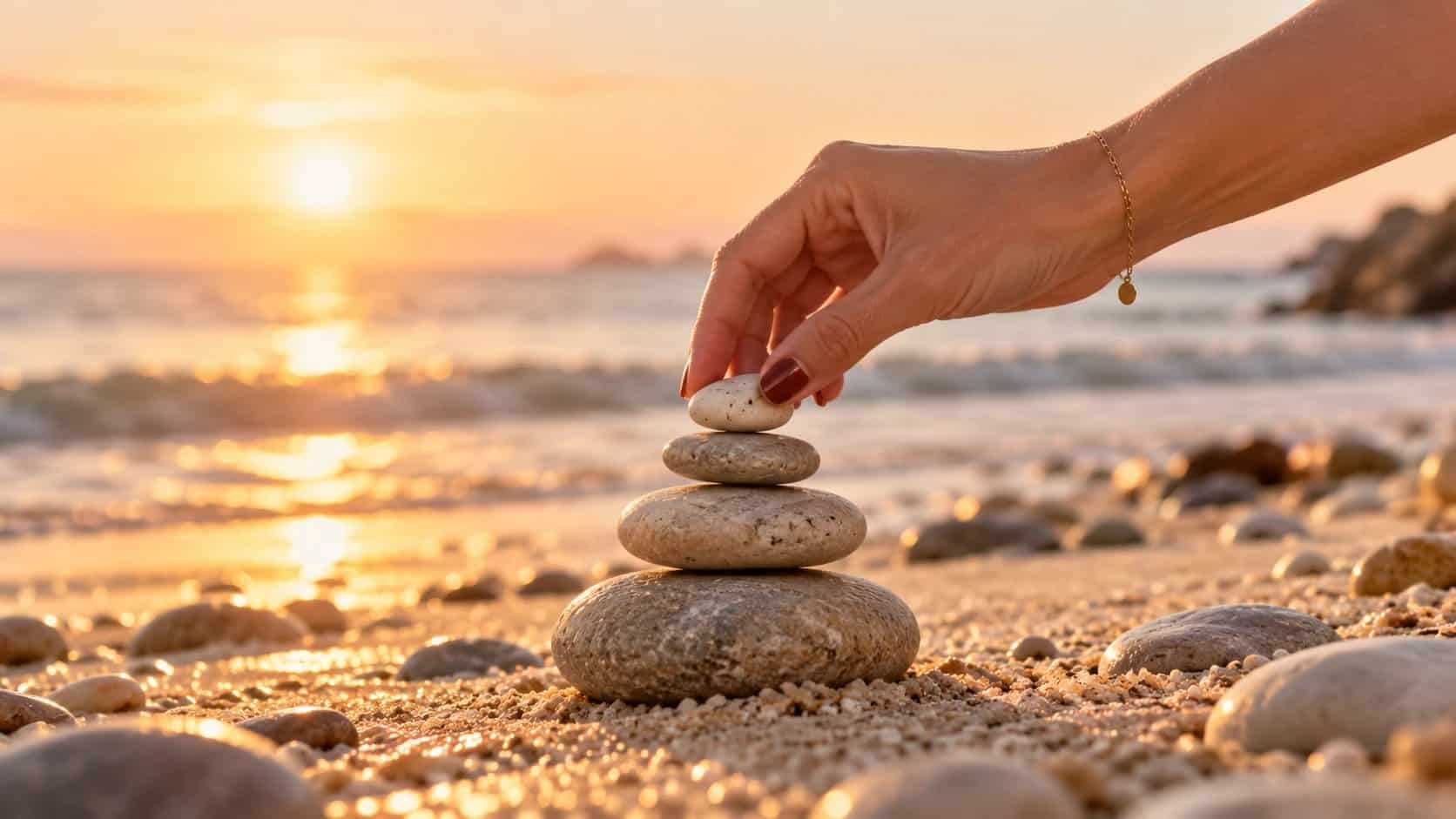 Une main pose une petite pierre sur un cairn au bord de la mer : le plus petit pas possible pour arrêter de repousser les actions importantes